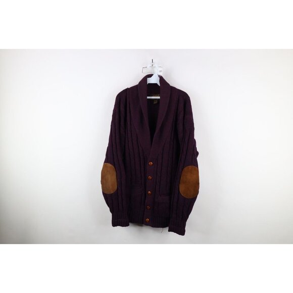 Vtg 90s Eddie Bauer Men L Wool Elbow Patch Cable Knit Shawl Cardigan Sweater USA